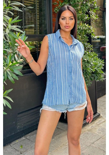 Kadın Mavi Çizgili Desen, Dokulu Bodrum Kumaş, Kolsuz Rahat Gömlek