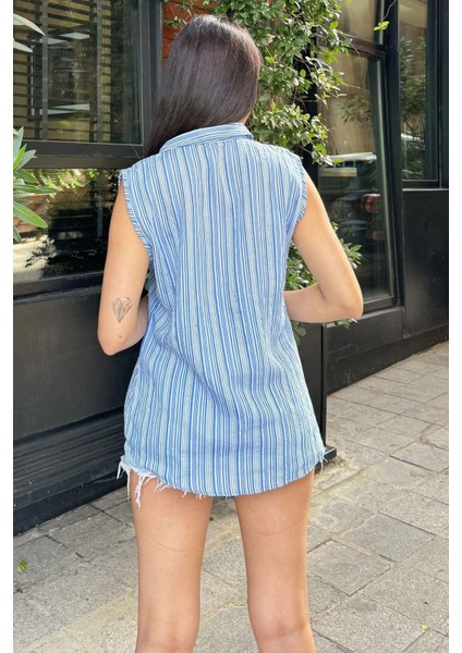 Kadın Mavi Çizgili Desen, Dokulu Bodrum Kumaş, Kolsuz Rahat Gömlek modelleri