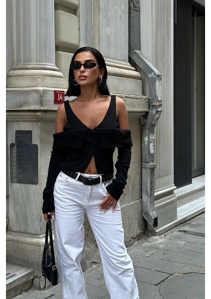 Kadın Siyah Kruvaze Triko Kısa Hırka