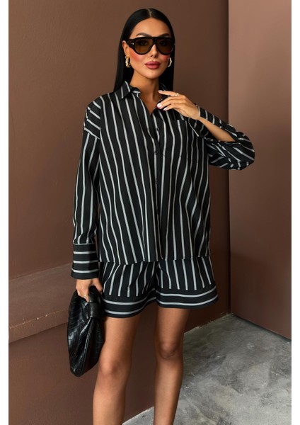 Kadın Siyah Çizgili Dokuma Uzun Kol Gömlek Yaka Ikili Takım fiyatları