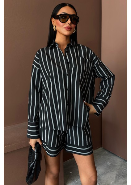 Kadın Siyah Çizgili Dokuma Uzun Kol Gömlek Yaka Ikili Takım modelleri