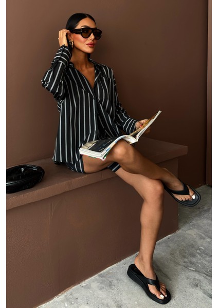 Kadın Siyah Çizgili Dokuma Uzun Kol Gömlek Yaka Ikili Takım fırsatları