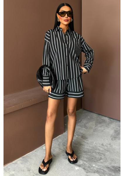 Kadın Siyah Çizgili Dokuma Uzun Kol Gömlek Yaka Ikili Takım indirimleri