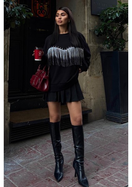 Kadın Siyah Pamuk Uzun Kol Sweatshirt