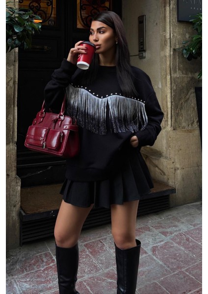 Kadın Siyah Pamuk Uzun Kol Sweatshirt fiyatları