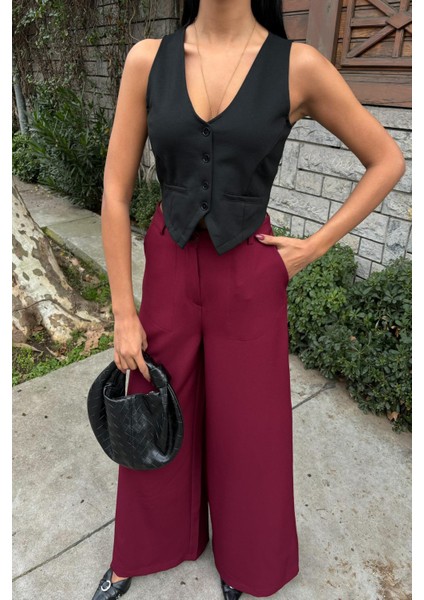 Kadın Bordo Uzun Dokuma Bol Paça Pantolon modelleri