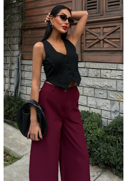 Kadın Bordo Uzun Dokuma Bol Paça Pantolon fırsatları