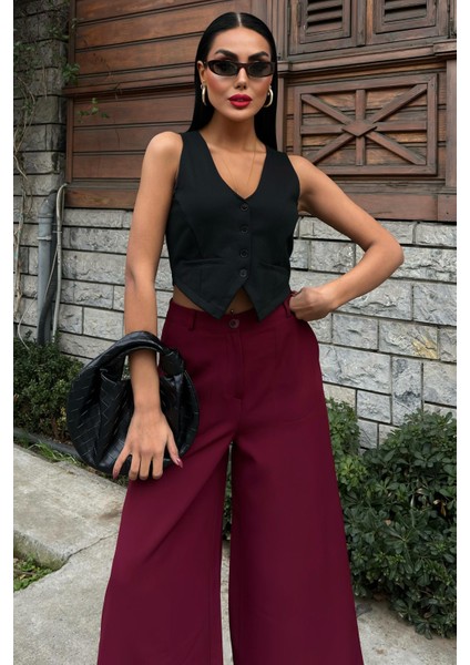 Kadın Bordo Uzun Dokuma Bol Paça Pantolon indirimleri
