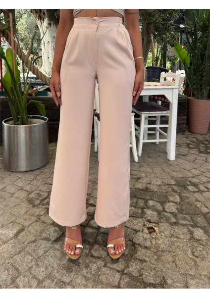 Bej Likralı Palazzo Beli Lastikli Pantolon