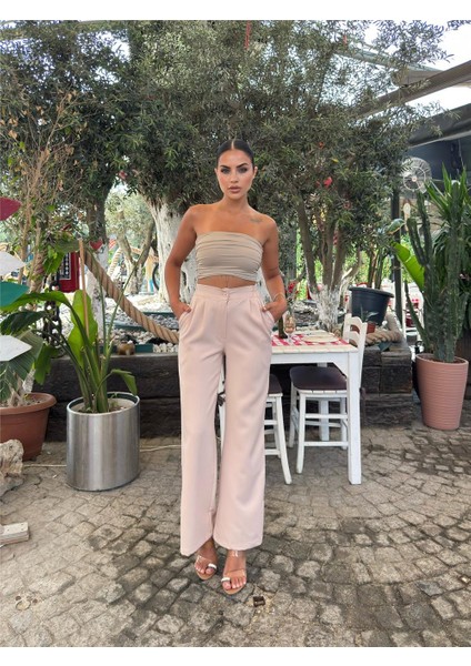 Bej Likralı Palazzo Beli Lastikli Pantolon modelleri
