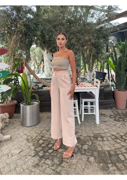 Bej Likralı Palazzo Beli Lastikli Pantolon fırsatları