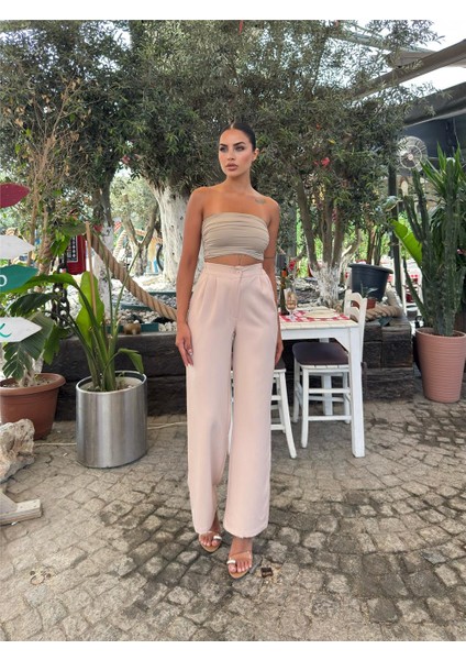 Bej Likralı Palazzo Beli Lastikli Pantolon indirimleri