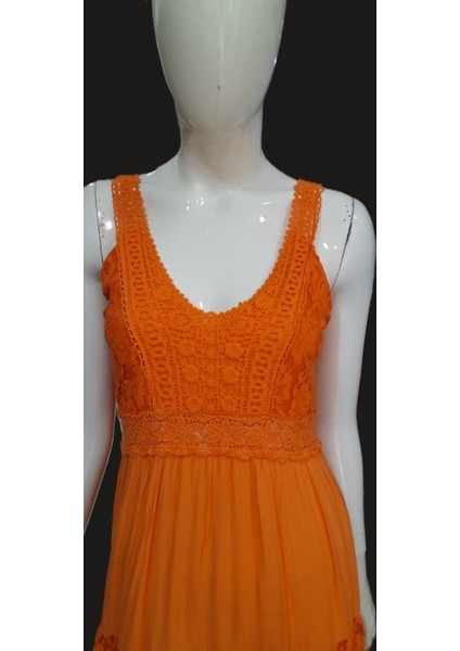 Italyan Turuncu Dantel Detaylı Askılı Kısa Elbise fiyatları