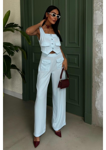 Kadın Mavi Crep Kolsuz Kare Yaka Ikili Takım