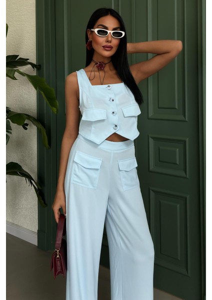 Kadın Mavi Crep Kolsuz Kare Yaka Ikili Takım fiyatları