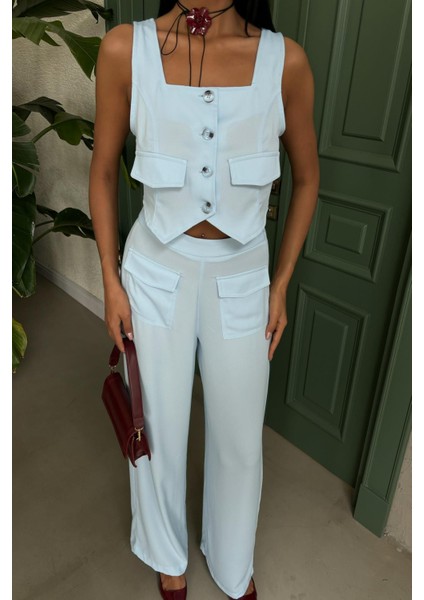 Kadın Mavi Crep Kolsuz Kare Yaka Ikili Takım modelleri