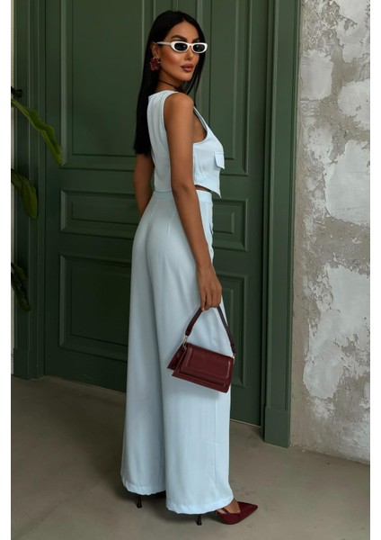 Kadın Mavi Crep Kolsuz Kare Yaka Ikili Takım fırsatları