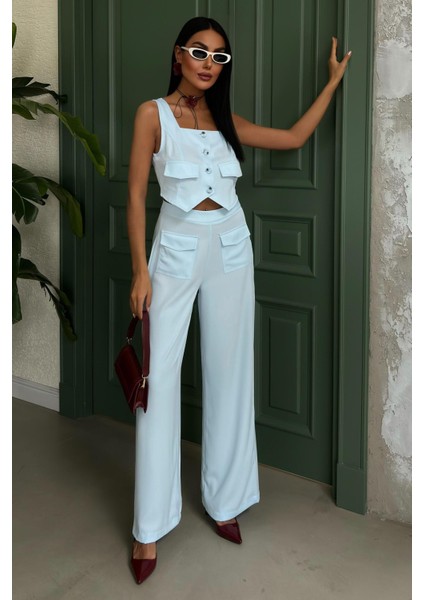 Kadın Mavi Crep Kolsuz Kare Yaka Ikili Takım indirimleri