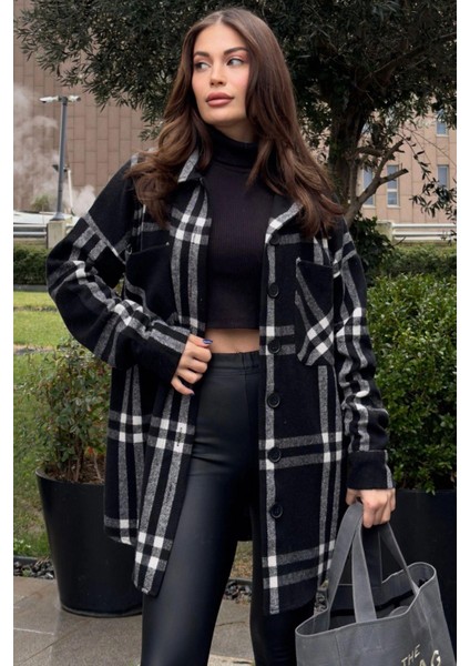 Kadın Siyah Çift Cepli, Ekose Desenli, Rahat Kalıp, Uzun Kaşe Gömlek