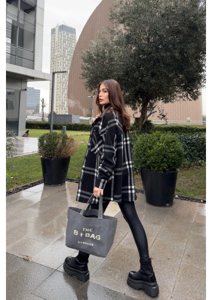 Kadın Siyah Çift Cepli, Ekose Desenli, Rahat Kalıp, Uzun Kaşe Gömlek fiyatları