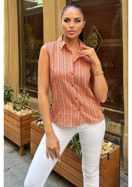 Kadın Bordo Çizgili Desen, Dokulu Bodrum Kumaş, Kolsuz Rahat Gömlek modelleri