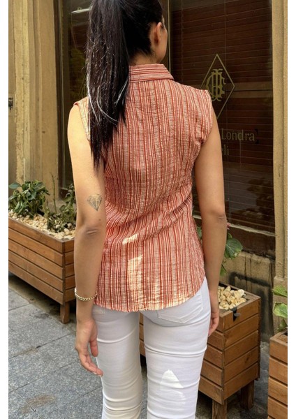 Kadın Bordo Çizgili Desen, Dokulu Bodrum Kumaş, Kolsuz Rahat Gömlek fırsatları