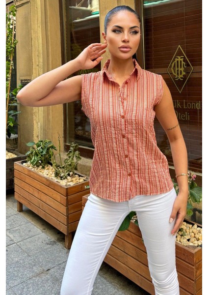 Kadın Bordo Çizgili Desen, Dokulu Bodrum Kumaş, Kolsuz Rahat Gömlek indirimleri