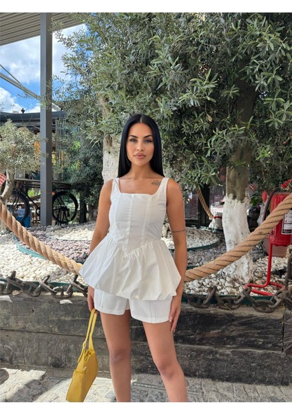 Beyaz Pamuk Polyester Kare Yaka Balon Bluz indirimleri