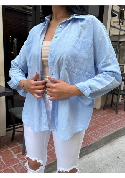 Mavi Cepli Oversize Viskon Gömlek