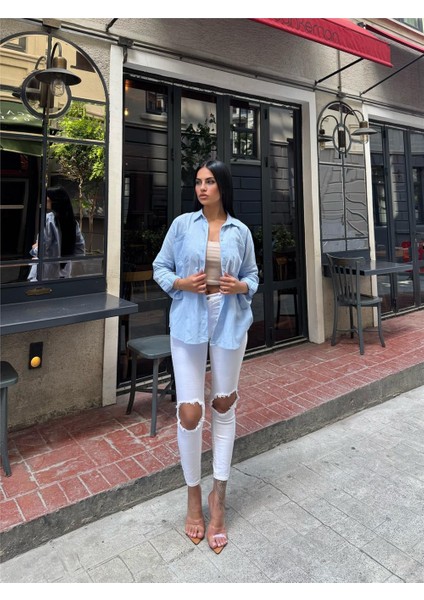 Mavi Cepli Oversize Viskon Gömlek modelleri