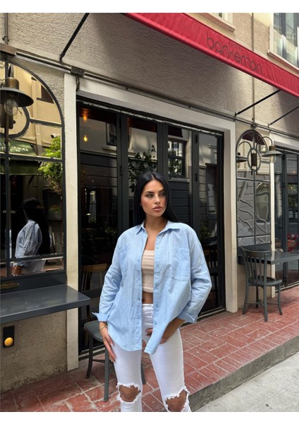 Mavi Cepli Oversize Viskon Gömlek fırsatları