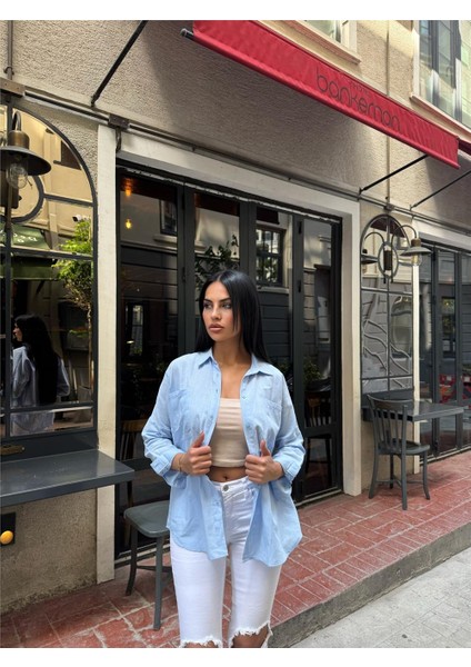 Mavi Cepli Oversize Viskon Gömlek indirimleri