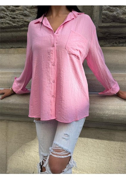 Pembe Oversize Kırışık %100 Polyester Gömlek