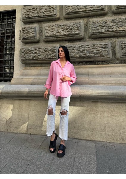 Pembe Oversize Kırışık %100 Polyester Gömlek modelleri