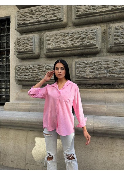 Pembe Oversize Kırışık %100 Polyester Gömlek fırsatları