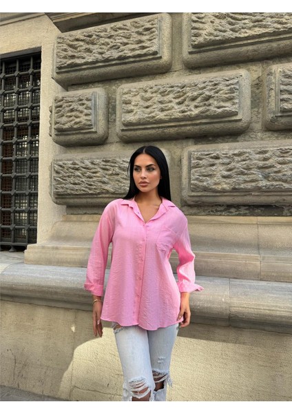 Pembe Oversize Kırışık %100 Polyester Gömlek indirimleri