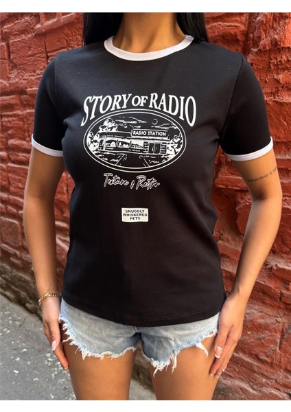 Siyah Kısa Kollu Pamuklu Radyo Baskılı Tişört