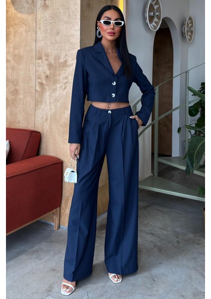 Kadın Lacivert Kruvaze Dokuma Crop Uzun Kol Takım fiyatları