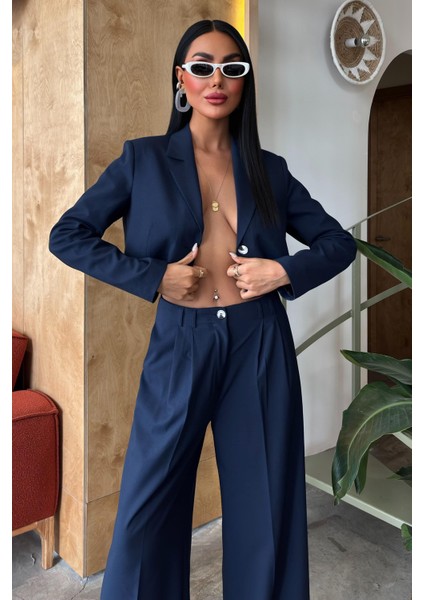 Kadın Lacivert Kruvaze Dokuma Crop Uzun Kol Takım modelleri
