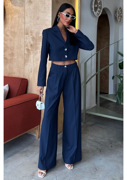 Kadın Lacivert Kruvaze Dokuma Crop Uzun Kol Takım indirimleri