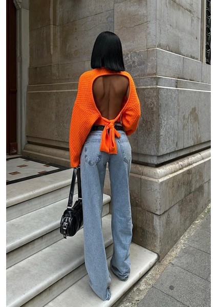 Kadın Turuncu Triko Uzun Kol Bisiklet Yaka Crop Kazak fırsatları