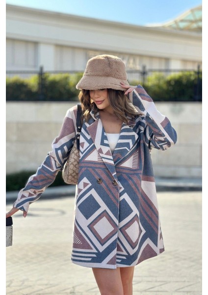 Kadın Kahve Desenli Astarlı, Kruvaze Ceket Yaka, Tek Düğme, Rahat Kalıp, Fitilli Kaşe Kumaş Kaban indirimleri