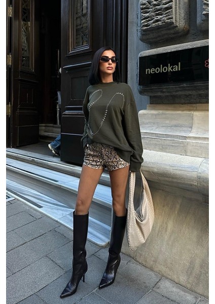 Kadın Haki Taşlı Pamuk Oversize Sweatshirt fiyatları