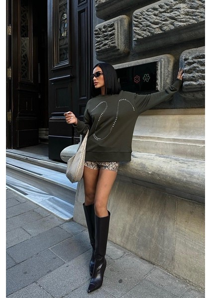 Kadın Haki Taşlı Pamuk Oversize Sweatshirt modelleri
