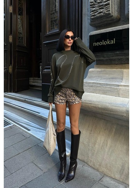 Kadın Haki Taşlı Pamuk Oversize Sweatshirt fırsatları