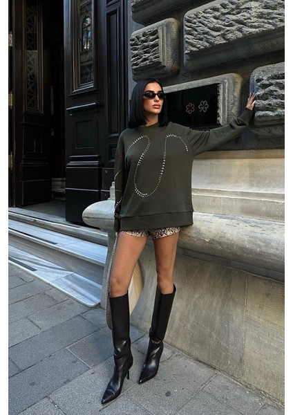 Kadın Haki Taşlı Pamuk Oversize Sweatshirt indirimleri