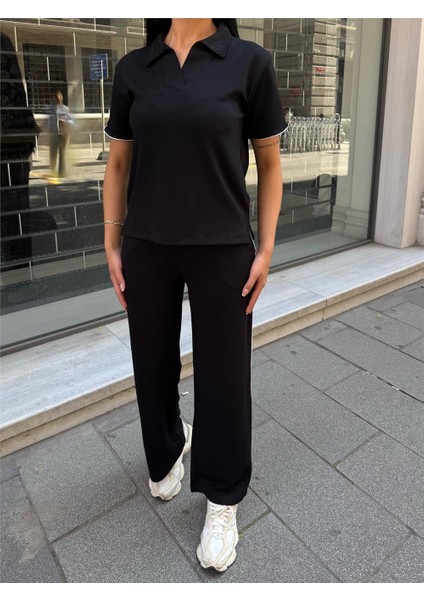 Siyah Polyester Keten Polo Yaka Takım