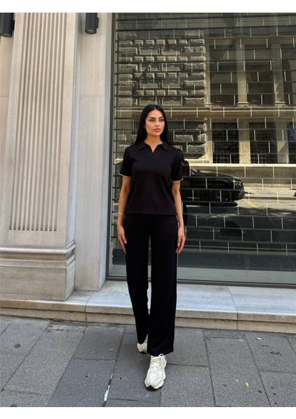 Siyah Polyester Keten Polo Yaka Takım modelleri