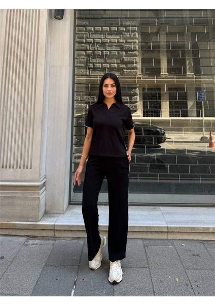 Siyah Polyester Keten Polo Yaka Takım fırsatları