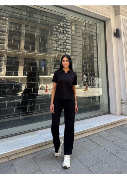 Siyah Polyester Keten Polo Yaka Takım indirimleri